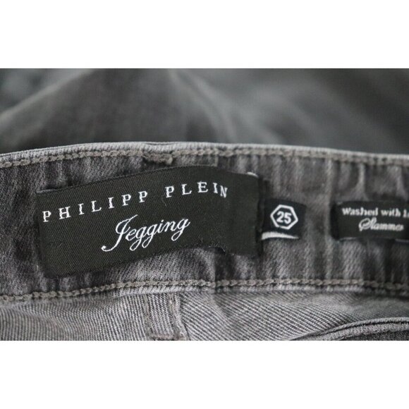 Philipp Plein Women's 25 Charcoal Black Slim Fit Denim Jagging Jeans Mid Rise - Picture 5 of 11